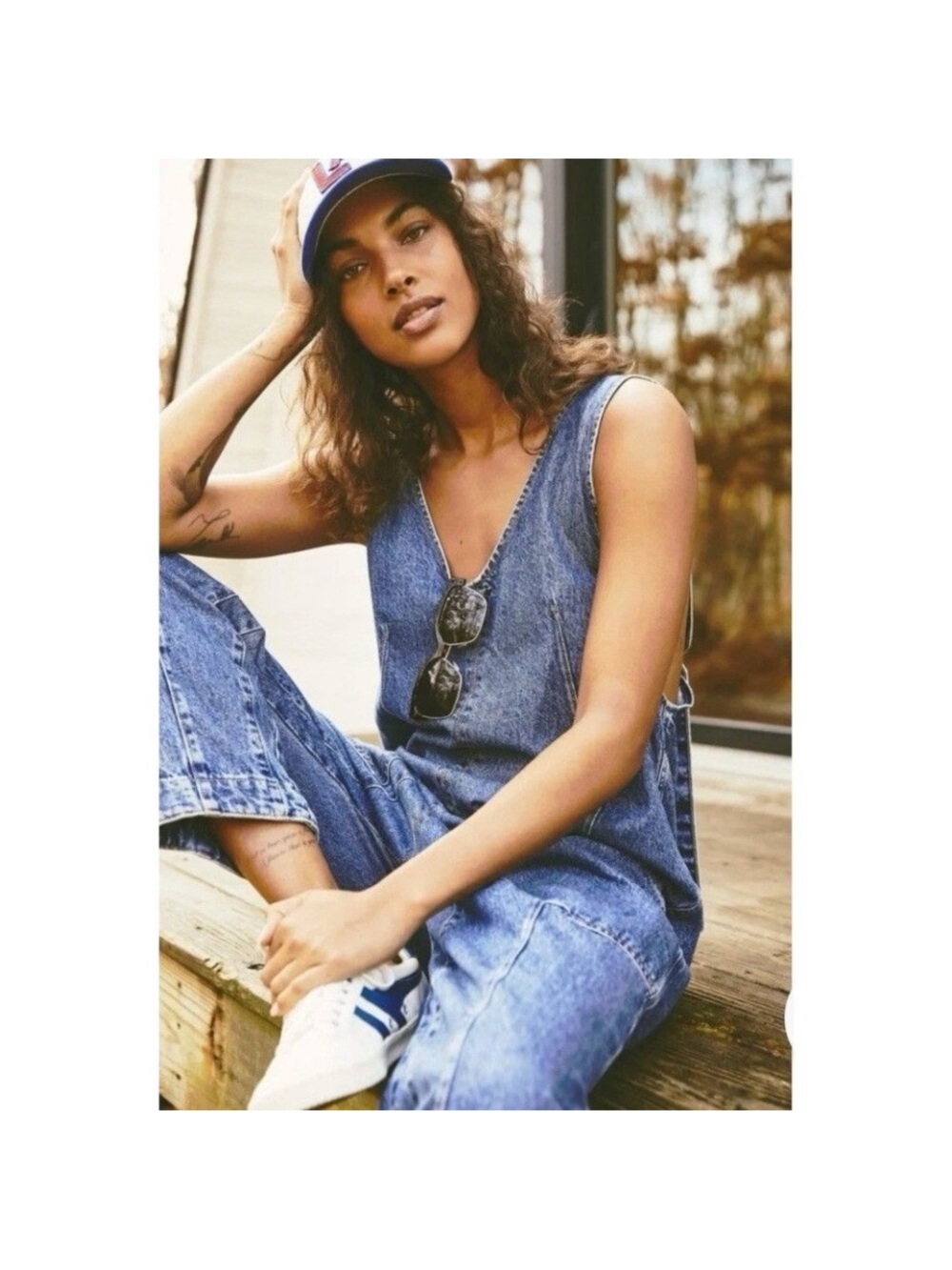 Free People We The Free High Roller denim overalls jumpsuit pockets scoop neck L - Picture 2 of 11